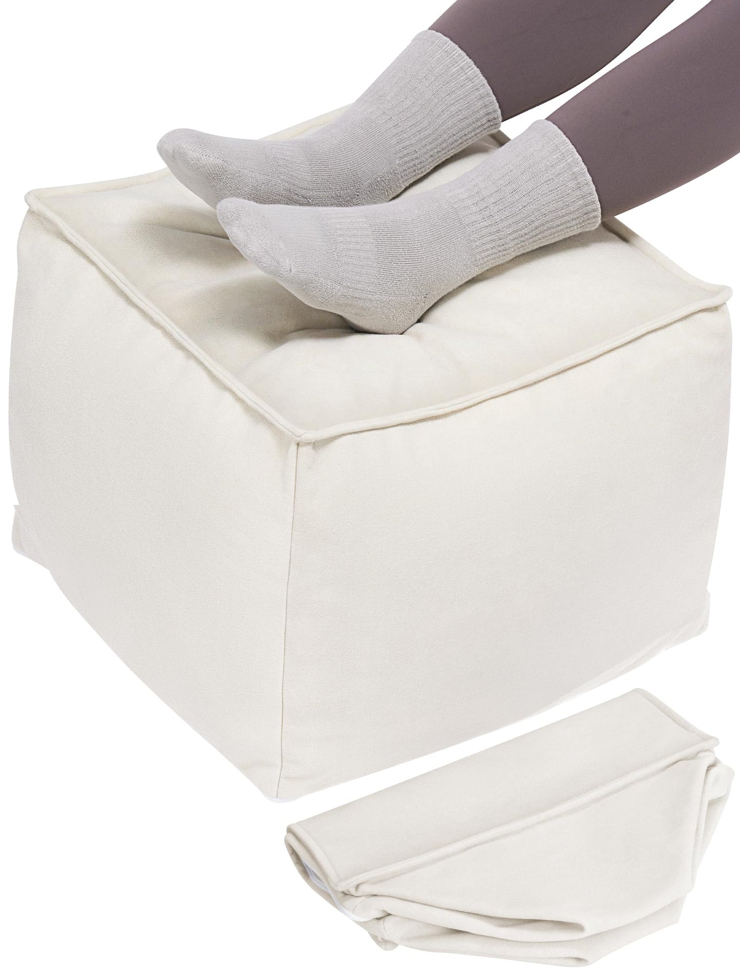 Cat Paw Velvet Ottoman Pouf Cover – Cream White Unstuffed Footrest Seat Cover with Durable Zipper, Washable Floor Cushion Case for Living Room, Bedroom, and Home Decor