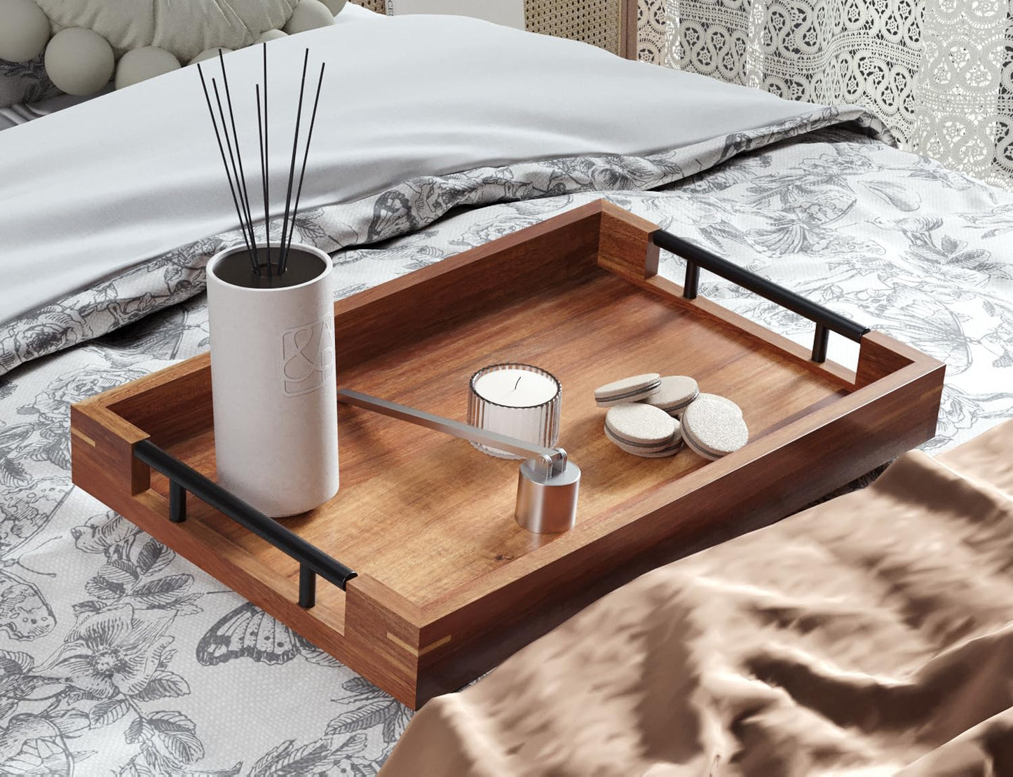 Fibogollo Acacia Wood Serving Tray with Metal Handles,15x10in Ottoman Decorative Trays Platter for Coffee Table,Living Room,Bar,Party(Medium)