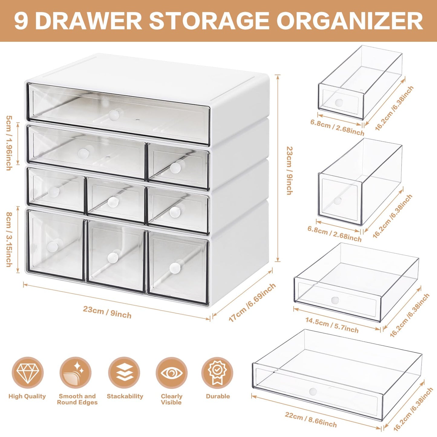 FODIENS Desk Storage Organizer with 9 Drawers, 4 Tiers Stackable Desktop Craft Storage Drawers, Clear Storage Box Caddy for Stationary Makeup Jewelry Office Craft Supplies (White)
