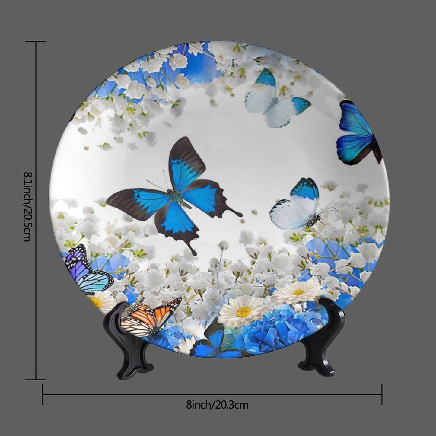Bictucem Decorative Plates, 8 Inch, Flower Butterfly Round Display Plate, Table Top Plate Decor with Stand, for Wall Hanging Living Room Bathroom Decor Gift