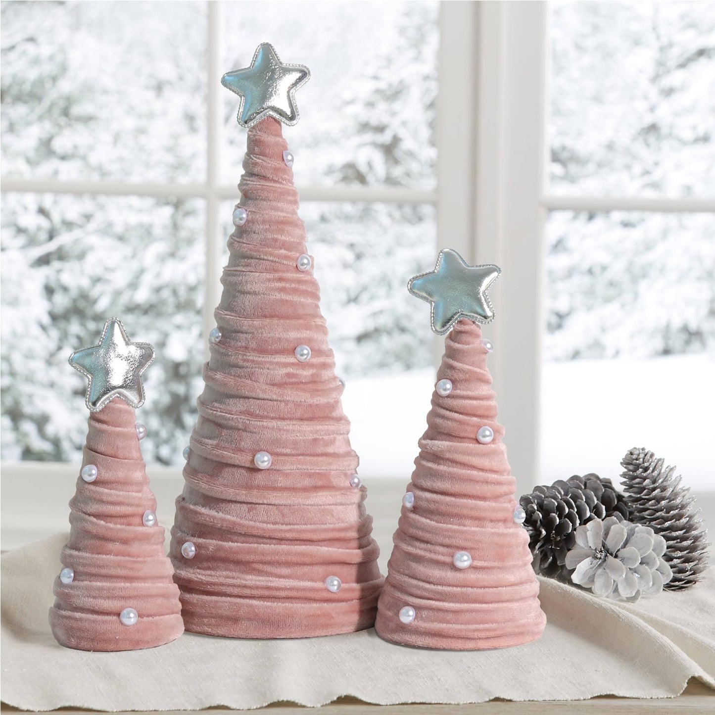 Bunny Chorus Christmas Decorations Indoor, 3Pcs Pink Velvet Cone Trees With Pearls, Table Decor for Xmas New Year Winter Holiday Home Decor