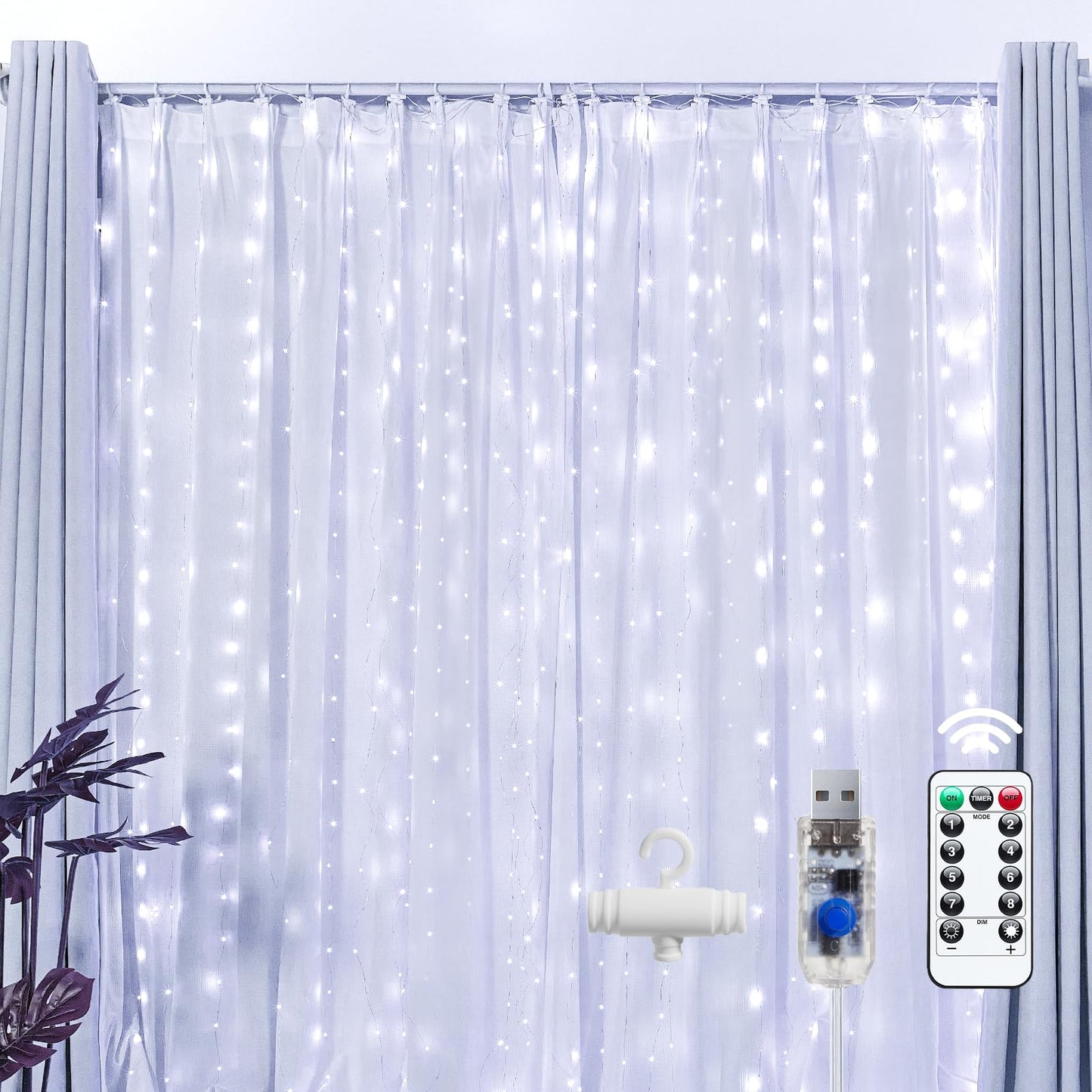 Brightown 300 LED Fairy Curtain Lights, 9.8ft x 9.8ft String Lights, USB Plug in 8 Lighting Modes Christmas String Hanging Lights with Remote for Bedroom Indoor Outdoor Party Xmas White 1 Pack