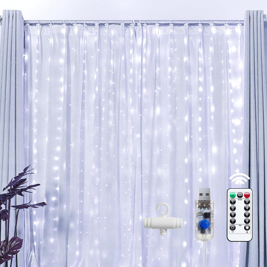 Brightown 300 LED Fairy Curtain Lights, 9.8ft x 9.8ft String Lights, USB Plug in 8 Lighting Modes Christmas String Hanging Lights with Remote for Bedroom Indoor Outdoor Party Xmas White 1 Pack