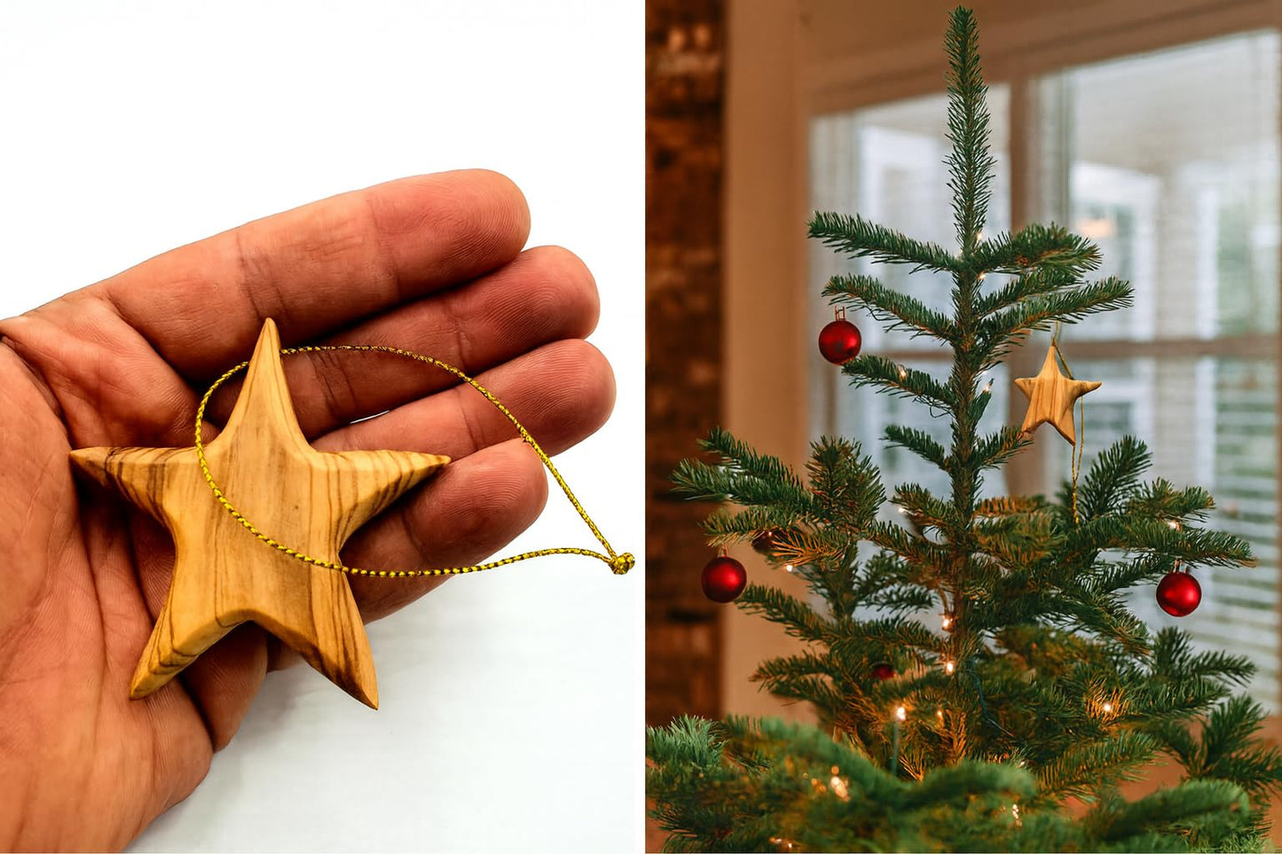 Handcrafted Olive Wood Star Ornament - Unique 2.56”x2.76” Eco-Friendly Christmas Tree Decor, Authentic Mediterranean Craft, Sustainable Holiday Decoration, Perfect Eco Gift for Christmas