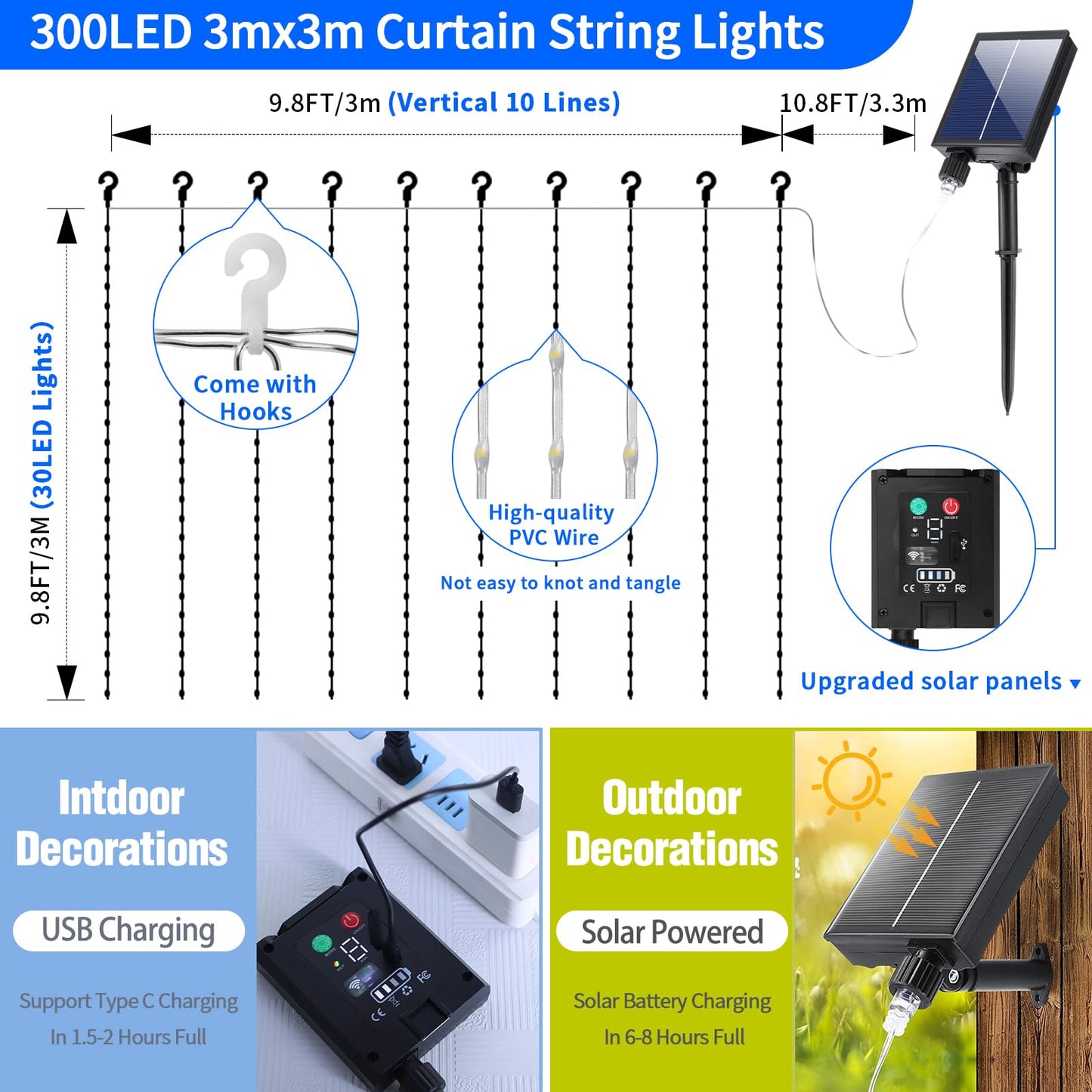 Solar Curtain Lights Outdoor Waterproof 10 * 10Ft 300LED Waterfall Light with 8 Modes Remote Rechargeable Dimmable Hanging Twinkle Fairy String Lights for Outside Christmas Gazebo Party Wedding