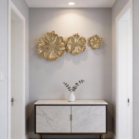 DOVDOV Gold Resin Floral Wall Art Set of 3, Unique Wall Sculpture and Vintage Wall Décor, Perfect for Living Room, Bedroom, Office, Room, and Bathroom Wall Decoration.