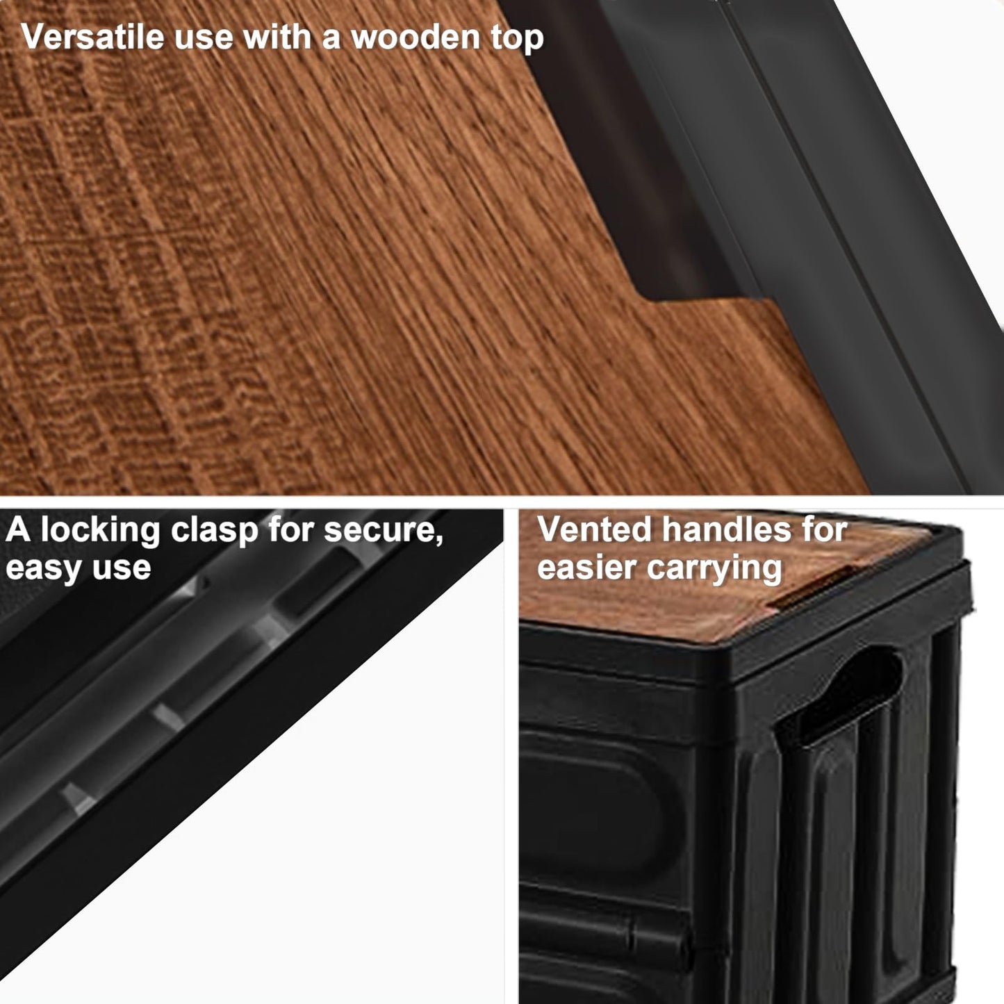 CTESNE【3-in-1 Wooden Lid 32L Storage Bins with Lids and Handle，Portable Foldable Storage Box ，Plastic Stackable Storage Bins for Camp Car RV, Office (Black)