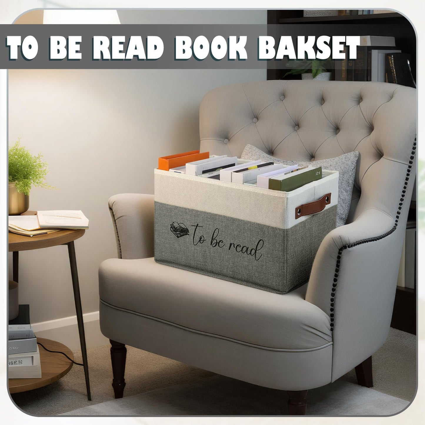 Marsui Book Lover Gifts TBR Book Storage Basket with Lids to Be Read List Storage Bin Bookish Accessories Bookworm Gift for Club Members Student Teacher Reading Accessories(White and Grey)