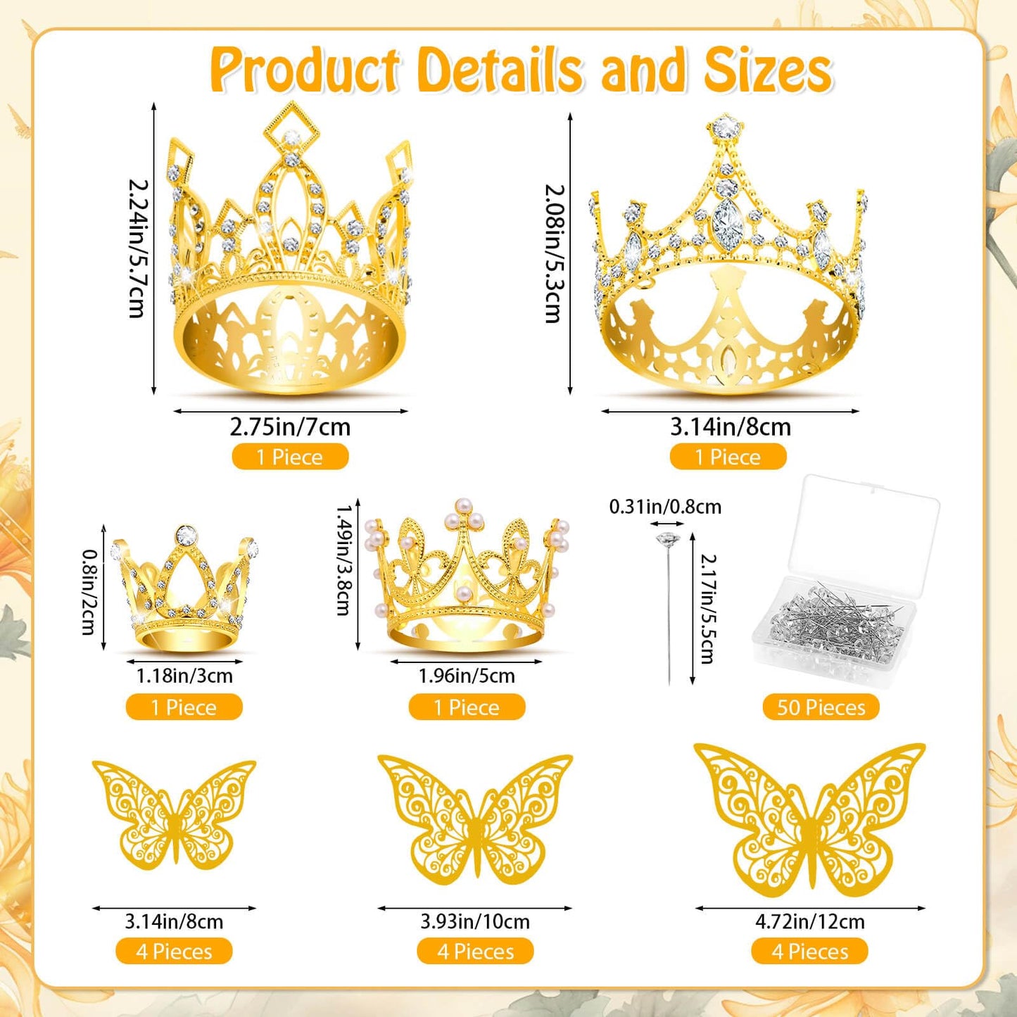 cridoz Gold Crowns for Flower Bouquets, Flower Bouquet Accessories Including 4 Pcs Bouquet Crown, 12 Pcs Butterfly Decorations and 50 Pcs Flower Pins for Birthday Wedding Baby Shower