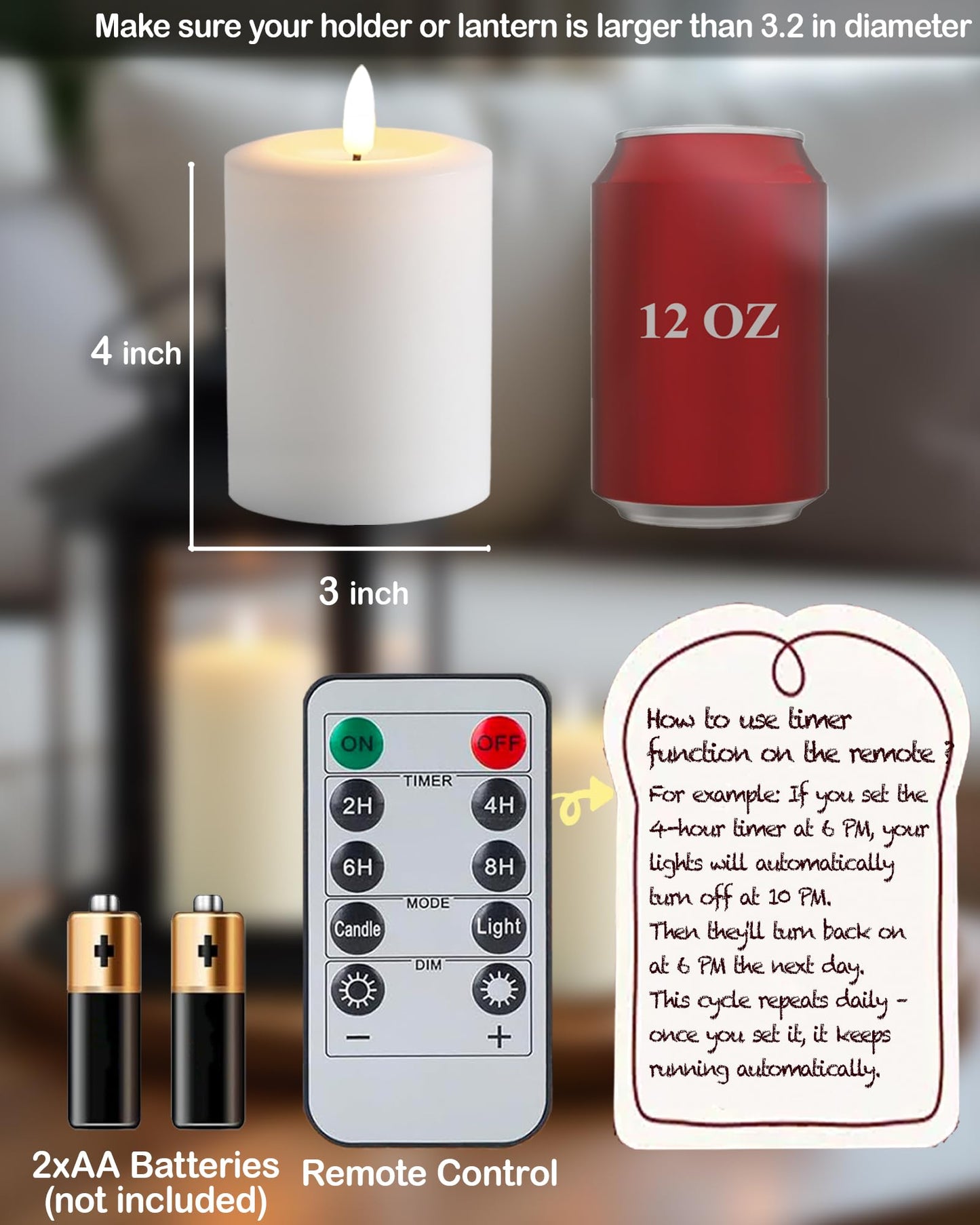 Gmnee 3"x4" Flickering Flameless Candles with Remote Timer, Real Wax, White Pillar Candles, Set of 3 Fake LED Battery Operated Candles for Home, Fireplace, Centerpiece, Rustic and Farmhouse Decor