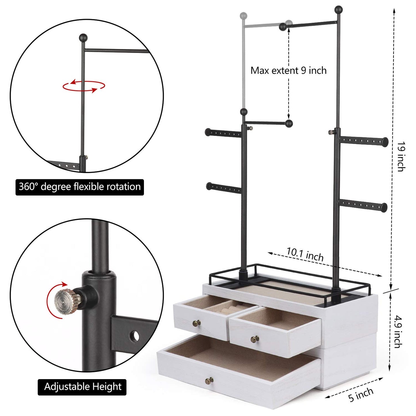 OLAKEE Jewelry Organizer - 2 Layer Wooden Jewelry Drawer Storage Box with 6 Tier Jewelry Tree Stand, Jewelry Display for Necklaces Bracelet Earring Ring (Rustic White)