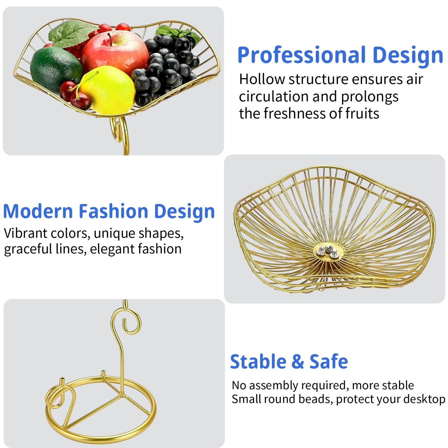 Patravious 3-Tier Fruit Basket, Gold Fruit Basket, Fruit Organizer, 3 Tier Basket Stand Suitable for Kitchen/Living Room