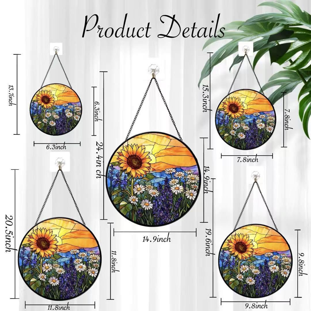 Argodaze Stained Glass Window Hanging - Sunflowers, Daisies, Lavender and Sunset 6.3 Inches Suncatcher for Garden Home Decor for Women Mon Grandma Friends