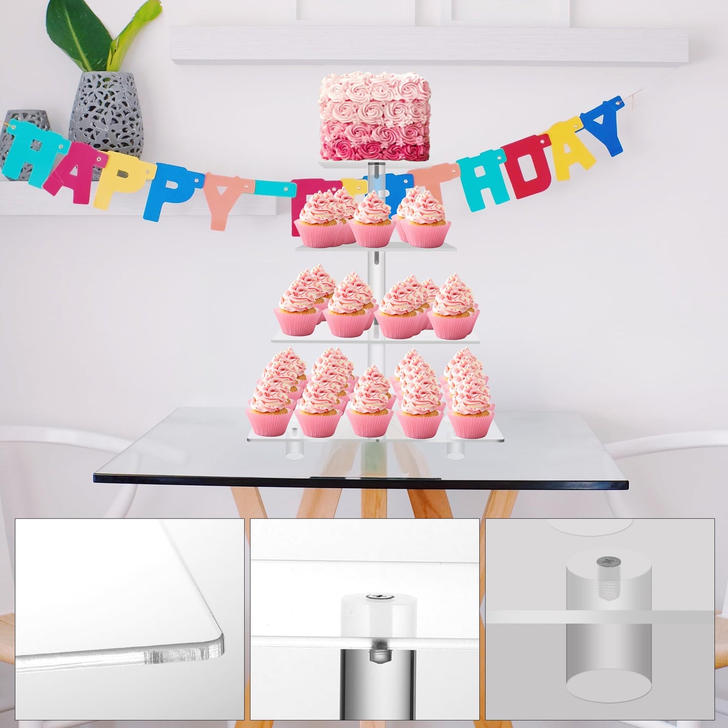 Jusalpha Large 4 Tier Cupcake Stand Square Acrylic Cupcake Tower Stand for Dessert, Pastry, Serving Platter-Candy Bar Party Décor and Supply(with Rod Feet) (4SF-V2)