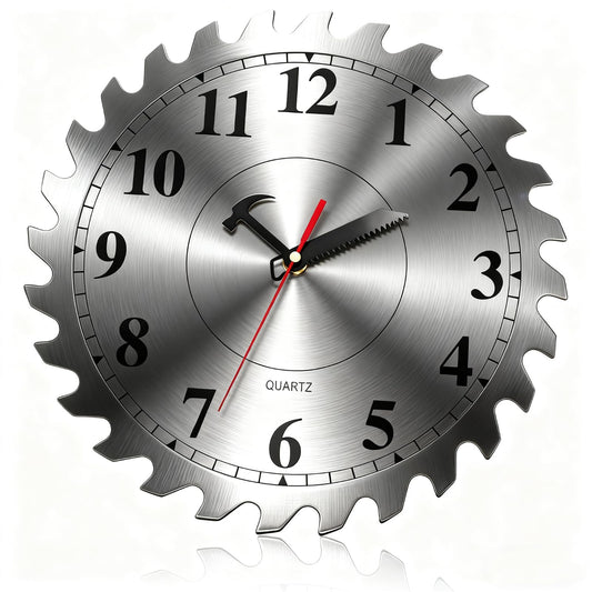 Noamus 12 Inch Metal Wall Clock, Circular Saw Blade Clock with Handsaw and Hammer Hands, Non-Ticking Silent Clocks, Battery Operated Quartz Vintage Decor for Garage Workshop Man Cave Office Home Gifts