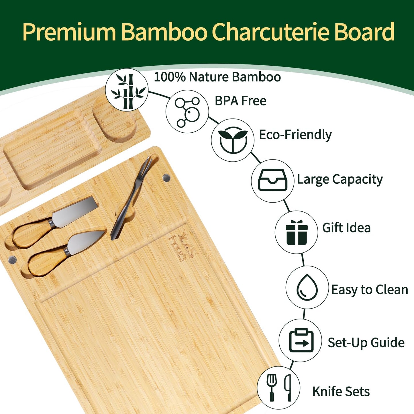 Premium Bamboo Cheese and Charcuterie Board Set - Large Wooden Serving Tray with Hidden Knife Storage, Cheese Knives & Forks - Perfect for Cheese, Meats, Fruits - Ideal Gift for Parties & Holidays
