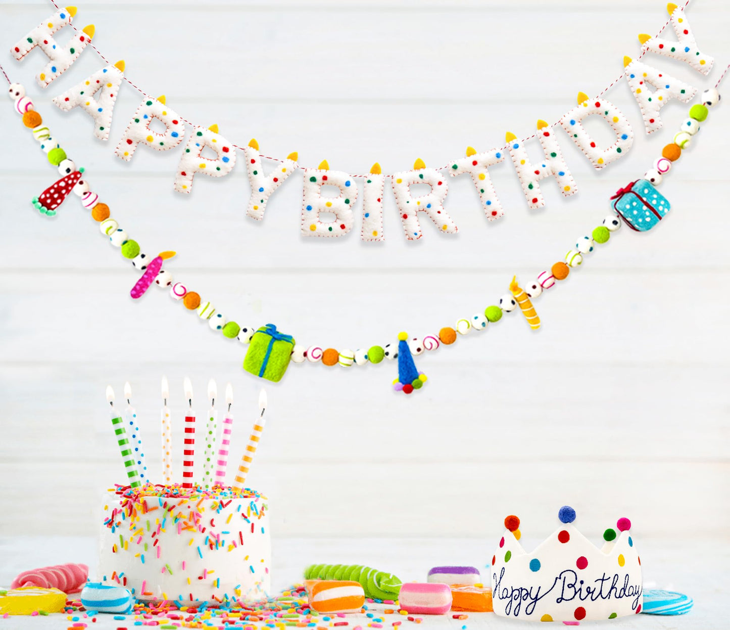 Pre-Strung Happy Birthday Banner Handmade Wool Felt HAPPY BIRTHDAY Garland, Reusable Rainbow Party Decorations,Personalized Holiday Sign for Kids Birthday Party Decor,Photo Prop (Confetti Dots Banner)