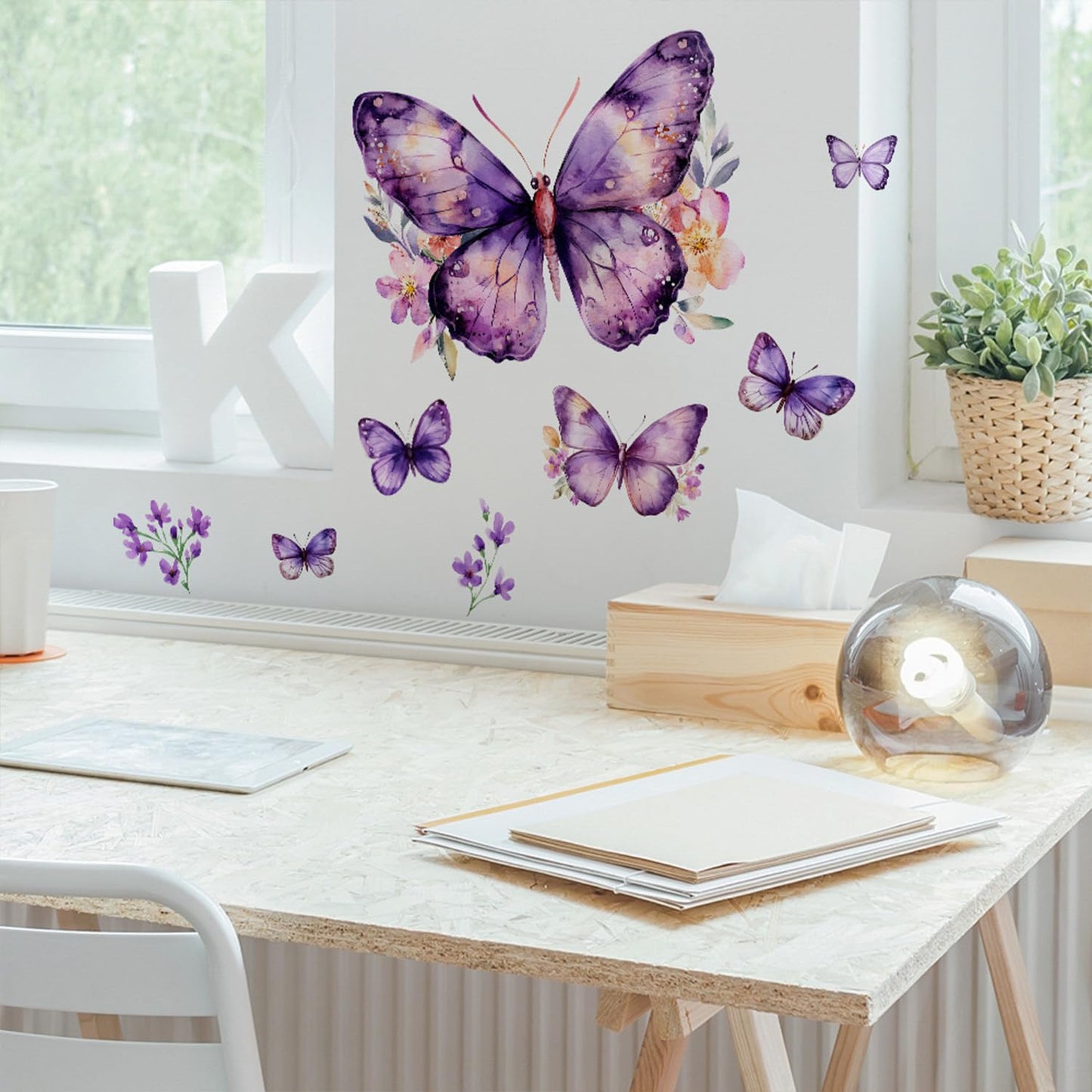 Purple Butterfly Wall Decals Removable Purple Butterflies with Flowers Wall Stickers Peel and Stick Vinyl Butterfly Art Wall Decor for Living Room Bedroom Nursery Bathroom Classroom Decorations