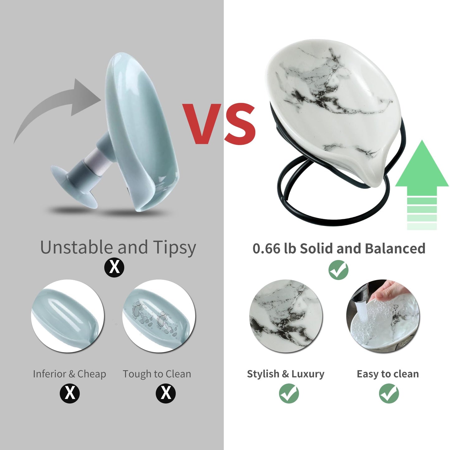 Dobbyby Leaf-Shaped Soap Dish – Premium Ceramic Soap Bar Holder with Self-Drainage System – Bar Soap Holder for Shower, Bathroom Sink, Kitchen – Waterfall Soap Dish with Stainless Steel Stand (Black)