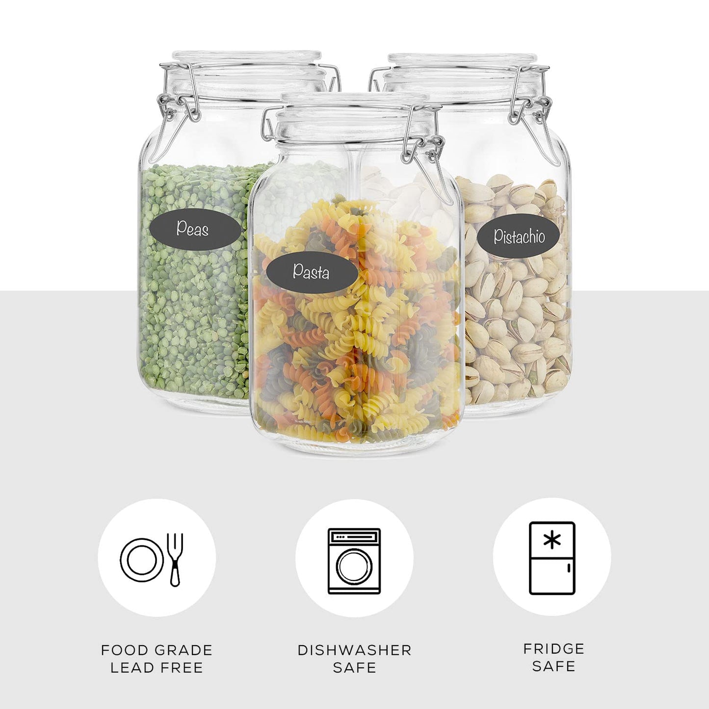 JoyJolt Airtight Glass Jars with Lids Set of 3. 50oz Glass Jar with Lid and 6 Silicone Seals! Med Glass Food Storage Containers. Square Mason Jar, Flour Jar, Candy or Cookie Jars for Kitchen Counter