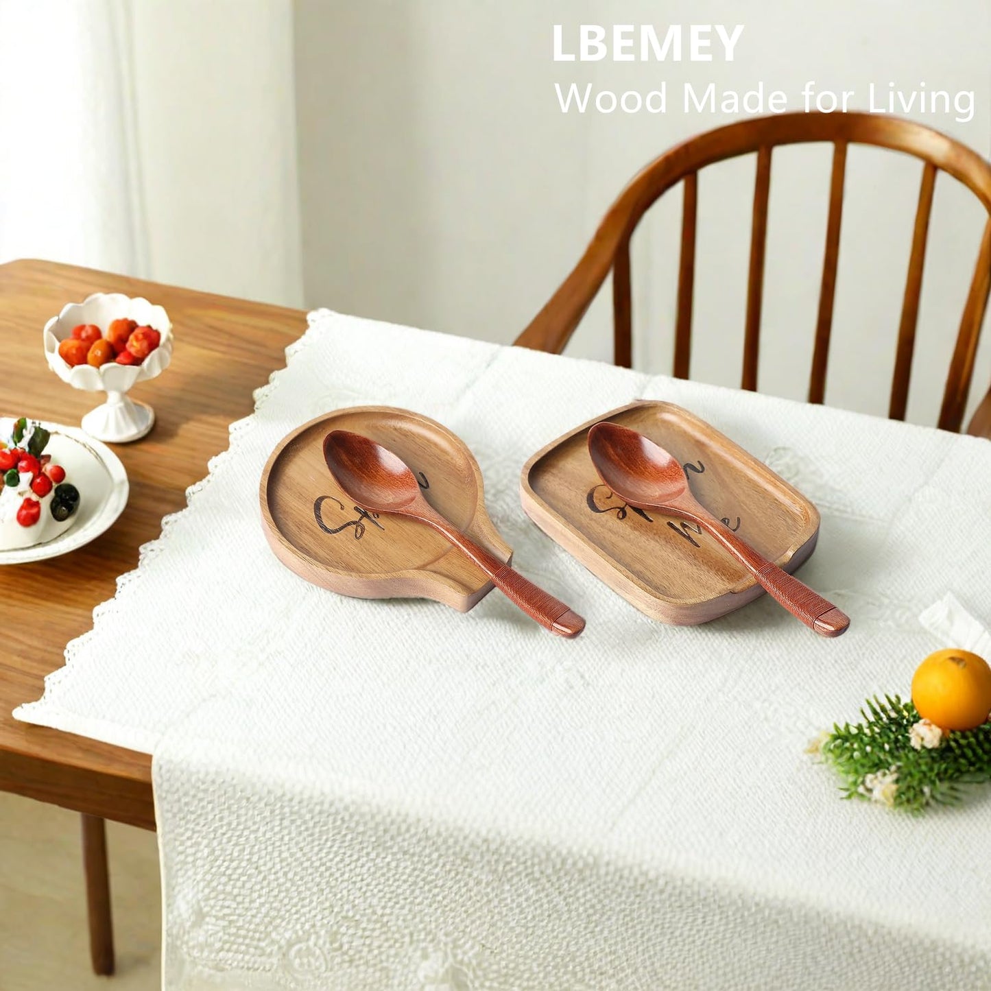 Set of 2 Wood Spoon Rest for Stove Top - Smooth Acacia Wood Spoon Holder for Kitchen Counter with Non Slip Silicone Feet,Perfect Holder for,Spatulas Tongs and Spoons, Brown (Labeled "Spoon")