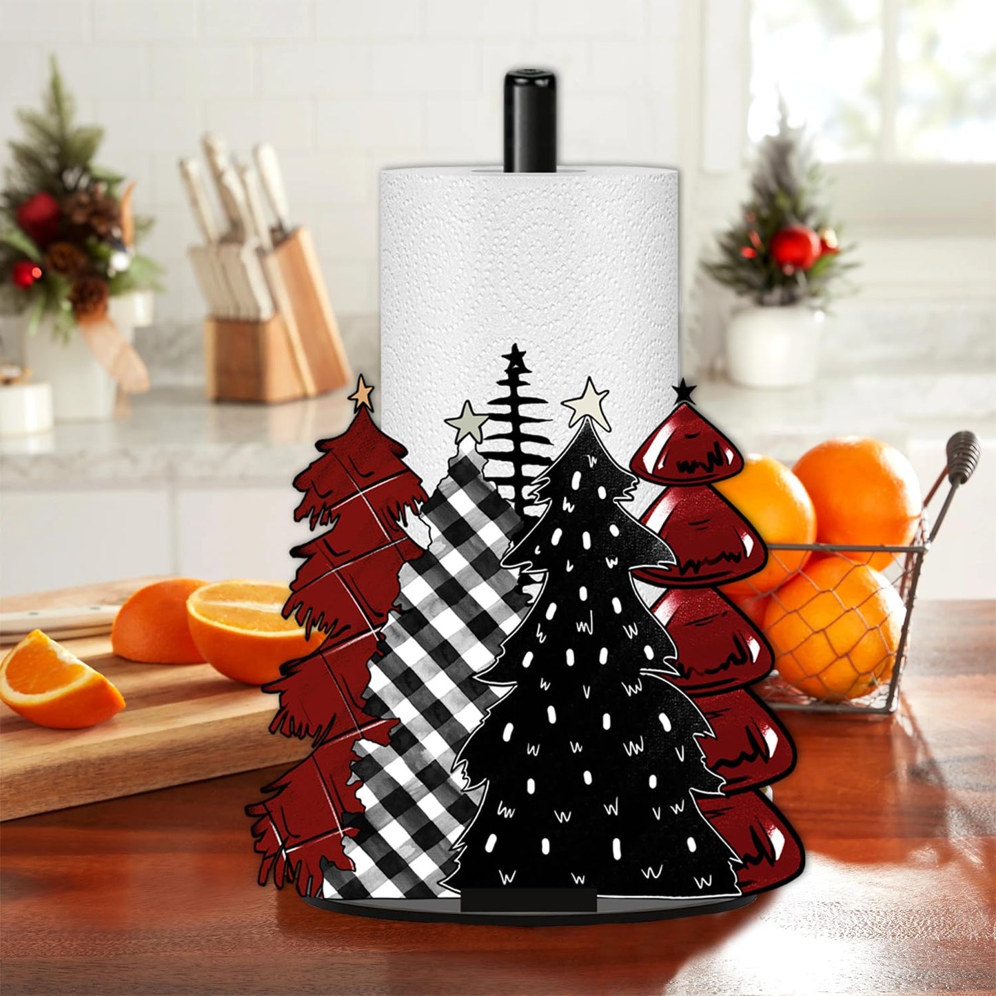 Christmas Paper Towel Holder, Red Truck Christmas Decor, Buffalo Plaid Christmas Tree Towels Paper Holder for Kitchen Countertop Bathroom Home Farmhouse, Winter Holiday Decoration Replaceable 2 Panels
