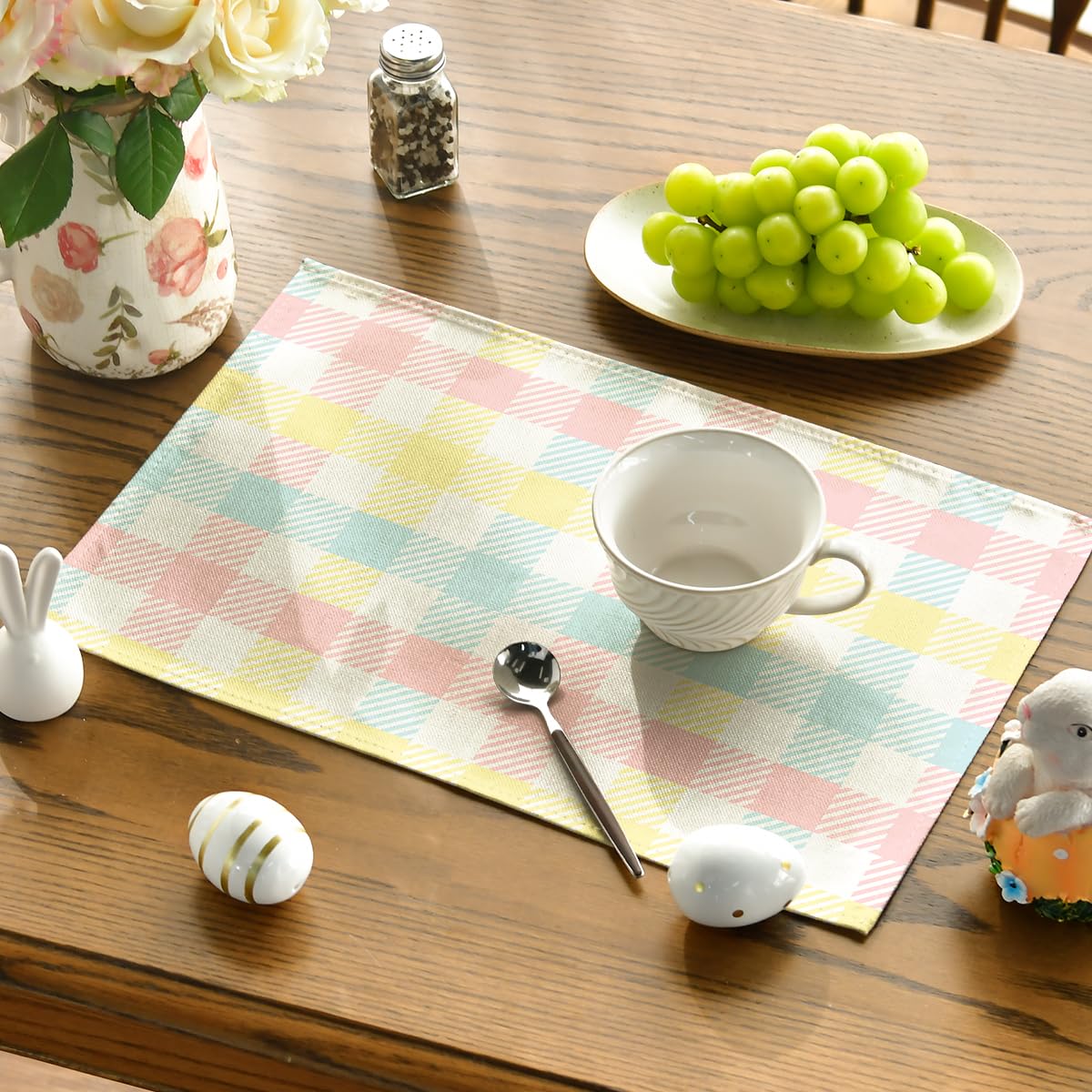Artoid Mode Blue Pink Yellow Buffalo Plaid Placemats Set of 4, 12x18 Inch Seasonal Easter Table Mats for Party Kitchen Dining Decoration