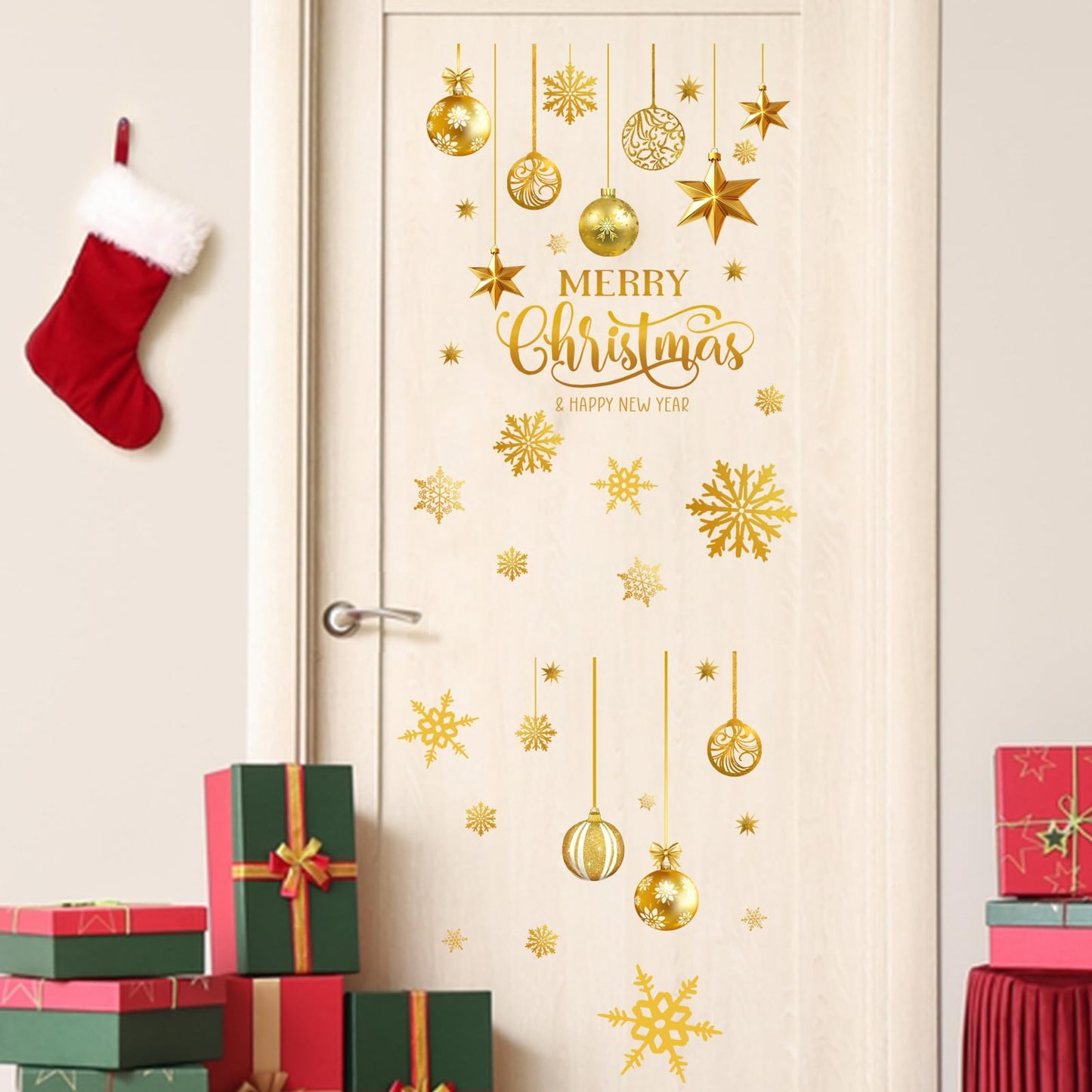 Mfault Merry Christmas Golden Ornament Balls Wall Decals Stickers, Gold Xmas Happy New Year Snowflakes Stars Decorations Bedroom Art, Winter Holiday Home Kitchen Decor
