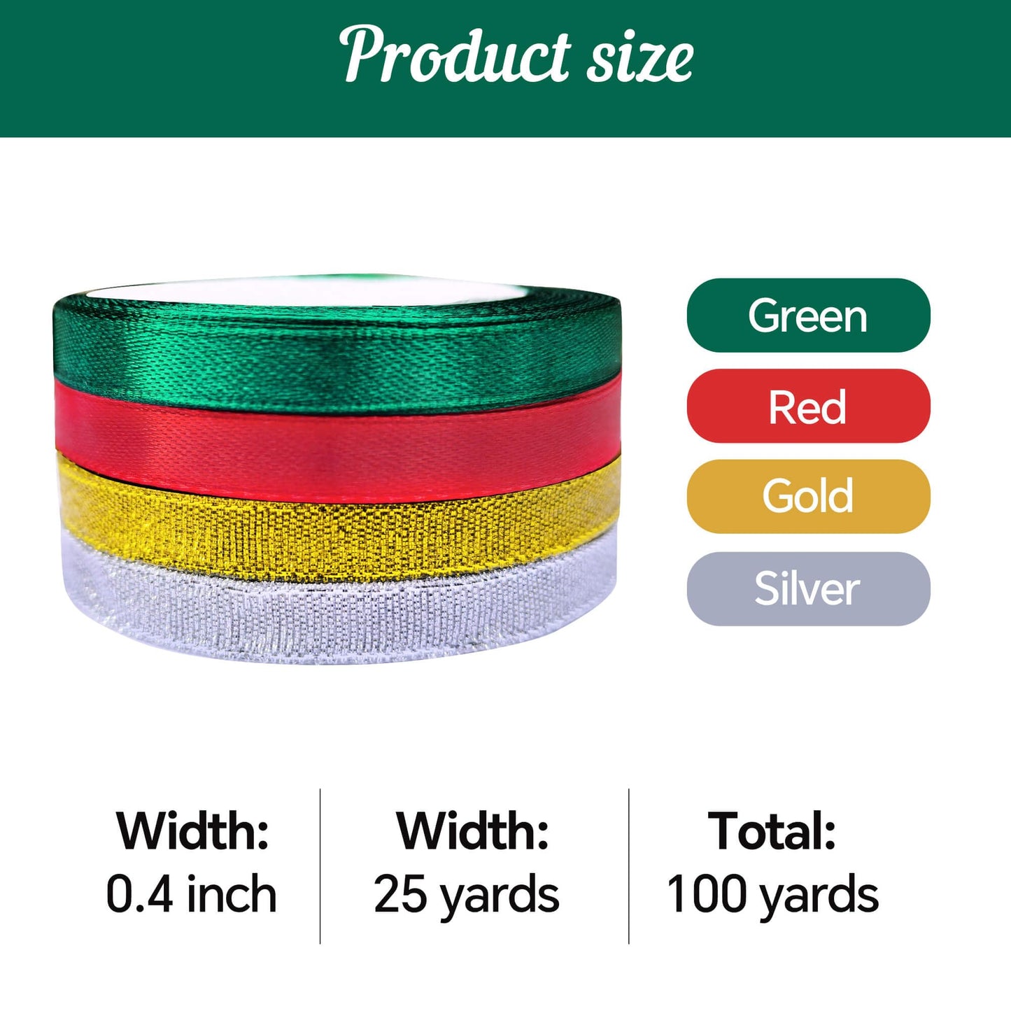 LOJAYUVE Christmas Ribbon 4 Rolls, 25 Yards x 0.4 Inch - Red Green Gold Silver Satin Ribbon for Gift Wrapping, Christmas Tree Decor, Crafts and Holiday Party Supplies