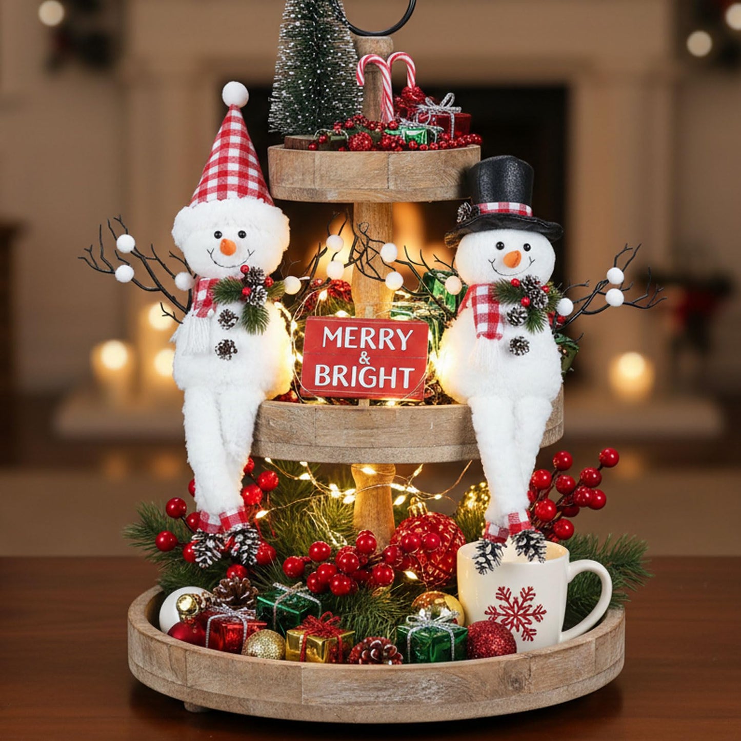 MWDJPXY 2 Pack Christmas Table Decorations, 18" Lighted Plush Snowmen Christmas Trees with Pine Cone Twigs, Light Up Snowman Holiday Present, Xmas Party Gifts Tabletop Ornaments (Red and White)