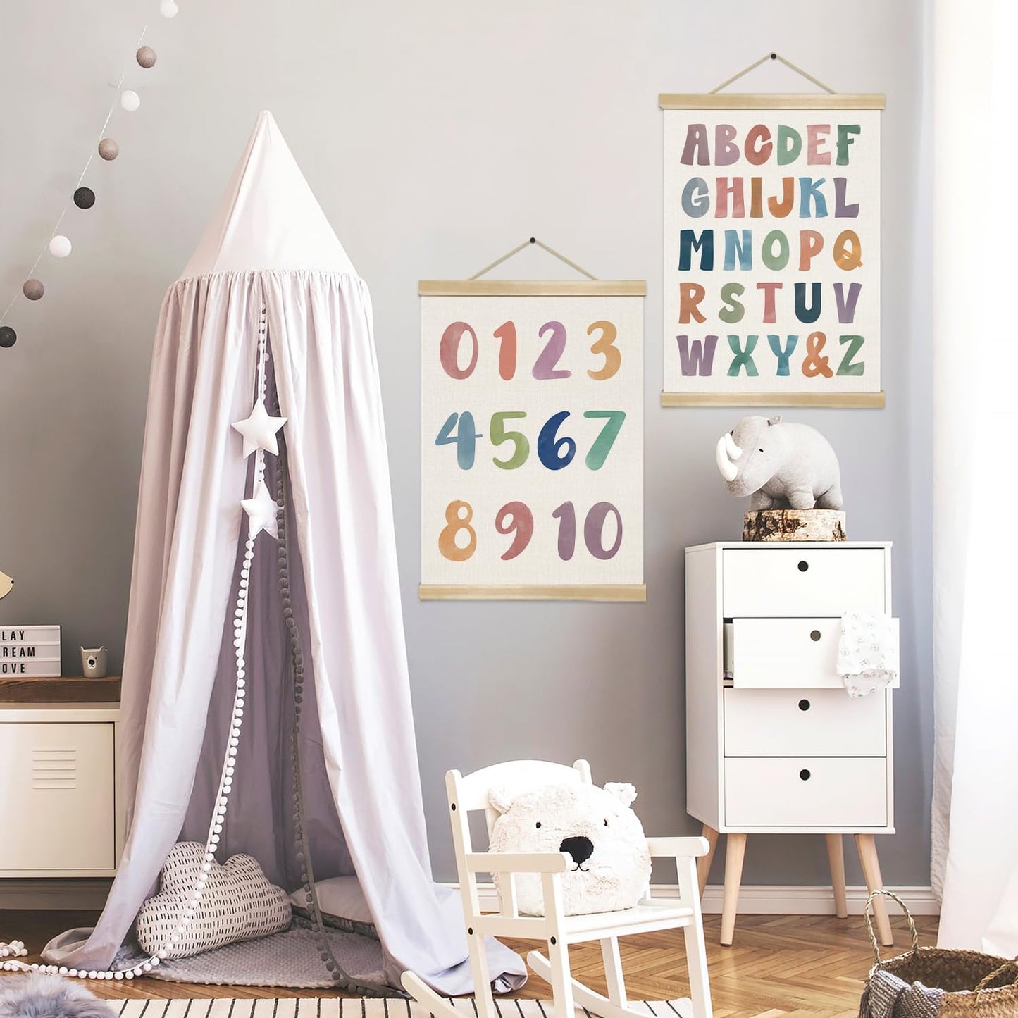 Alphabet and Number Wall Art Poster Set of 2,Toddler Learning Canvas Print Posters , Colourful Boho Educational Wall Decor for Preschool Classroom, Nursery, Playroom,Kids Room Decor 14x18.5Inch (ABC+123)