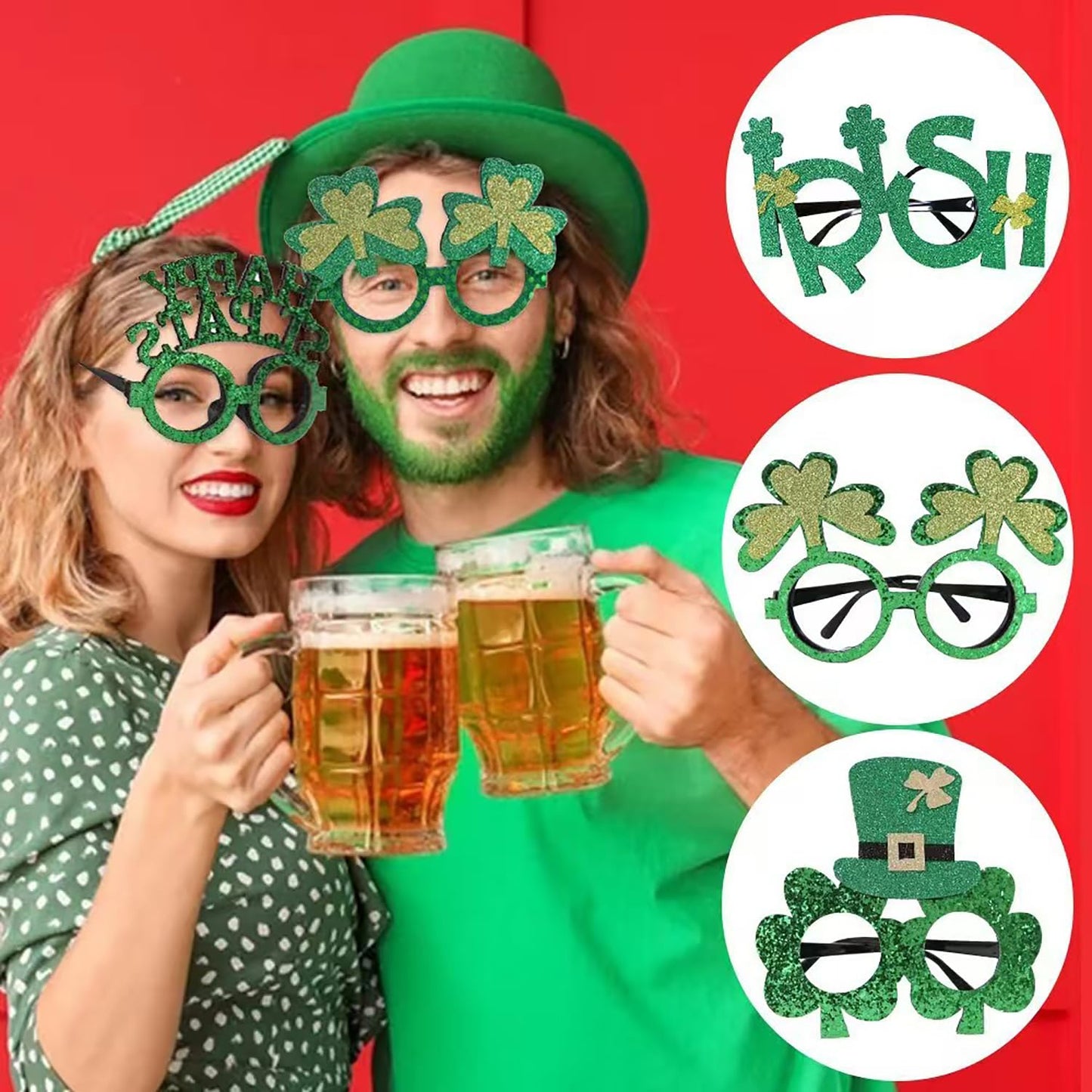 QEYRIYI St Patrick’s Glasses Frames St.Patrick’s Day Decoration Accessories Supplies 6 Pcs Green Glitter Hat Glasses Holiday Ornaments Party Photo booth Props