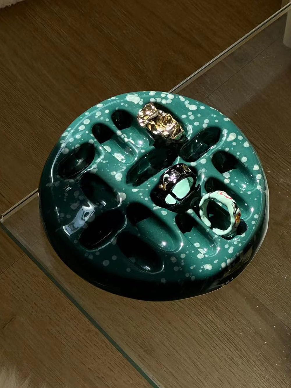 gugululu Ceramic Ring Tray, Handmade Green Ring Dish Rings Holder Ins Blogger Same Rings Organizer Plate 15 Slots Decorative Jewelry Tray for Birthday Mother's Day Gift (dark green)