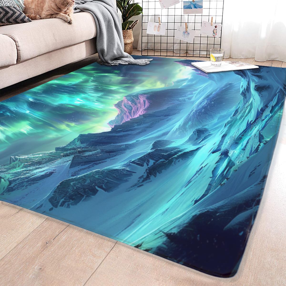 Landscape Carpet Blue Green Purple Gradient Style Aurora Snow Mountain Range Comfortable Atmosphere Floor mat Suitable for Bedroom Home Decoration Great Gift Practical Item 24x36inch