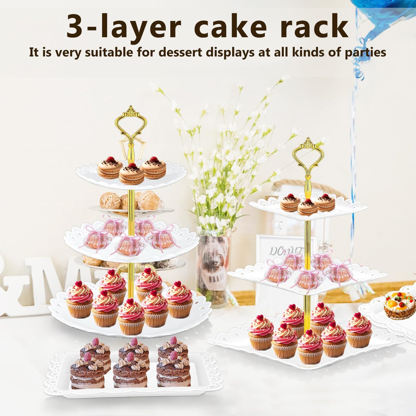 Lazycorner 10 Pcs Dessert Table Display Stands Set , with 4 Pcs 3-Tier Cupcake Stand & 6 Pcs Food Serving Tray - Cookie Tray Rack Serving Tray Cake Display Tower for Wedding Baby Shower Tea Party