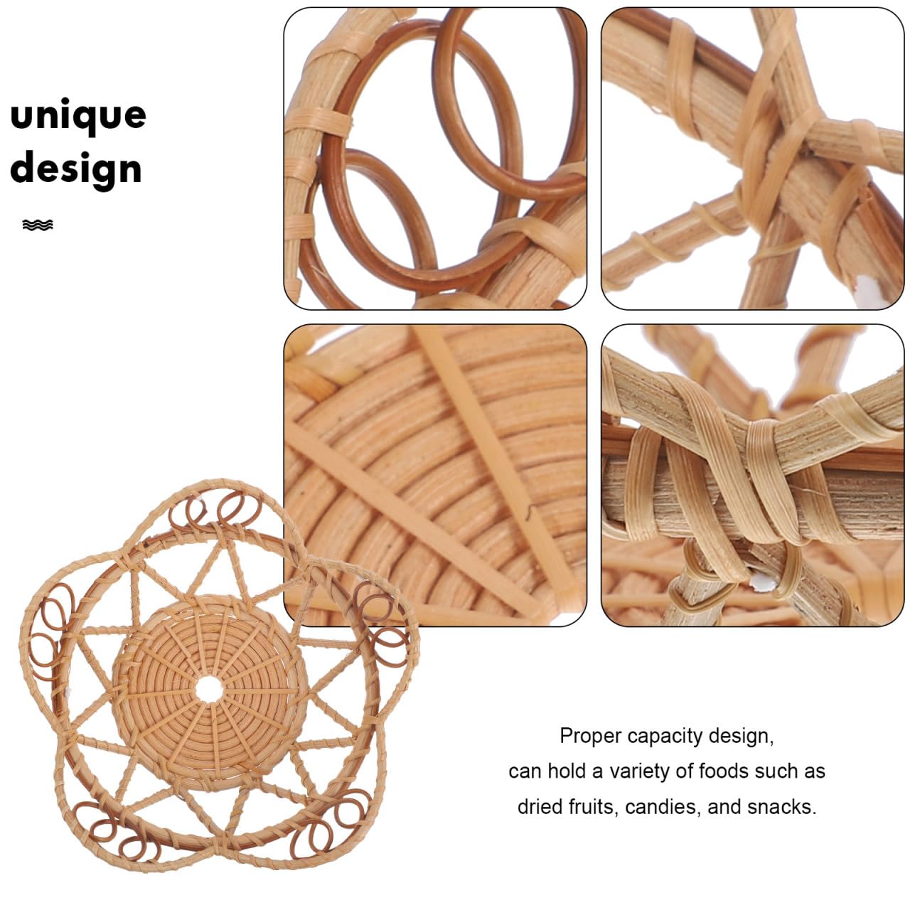Amosfun Rattan Woven Snack Serving Bowl 6.10X6.10X2.16In Handwoven Decorative Fruit Bread Basket Multi-Purpose Storage Tray for Home Hotel Shop