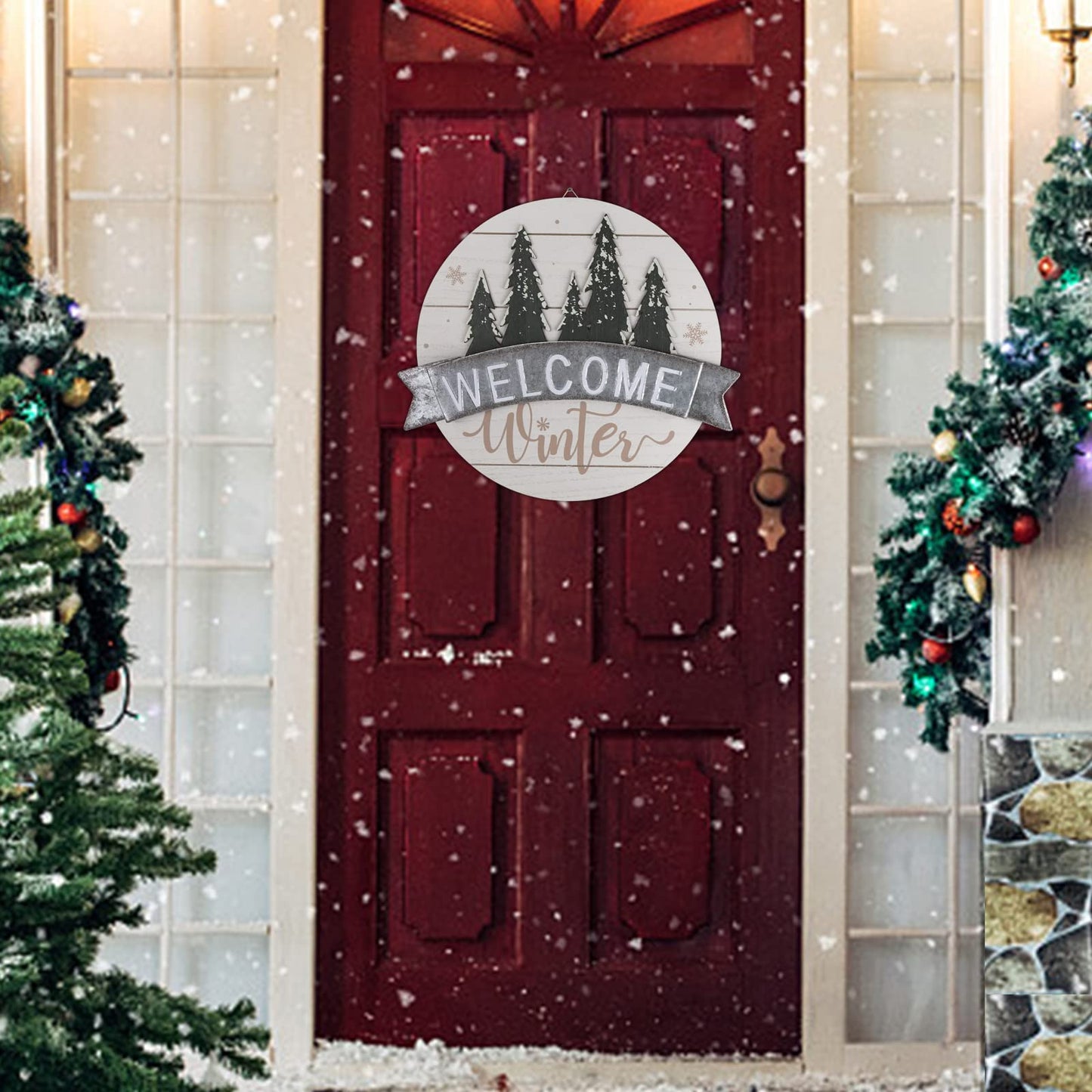 Sfozstra Winter Welcome Sign - Elegant Front Door Decorative Welcome Sign, Hangable Outdoor Decoration, Christmas & Thanksgiving Gift. Iron Door Hanging (White)