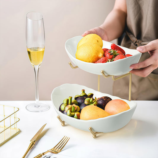 HOMKULA 2 Tier Ceramic Fruit Bowl for Kitchen Counter, Tiered Fruit Basket for Countertop, Modern Multi Layer Fruit Display Stand for Party, Cute (Gold&White, Small) 1