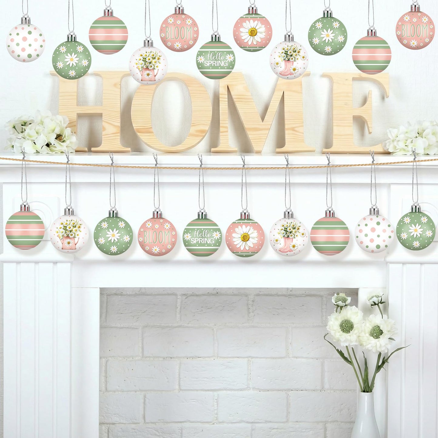 Silipull 24 Pcs Spring Ornament Bulk Daisy Flower Tree Decorations Pink Green Striped Polka Dot Balls Easter Spring Decorations for Home Small Tree Party Holiday Decor