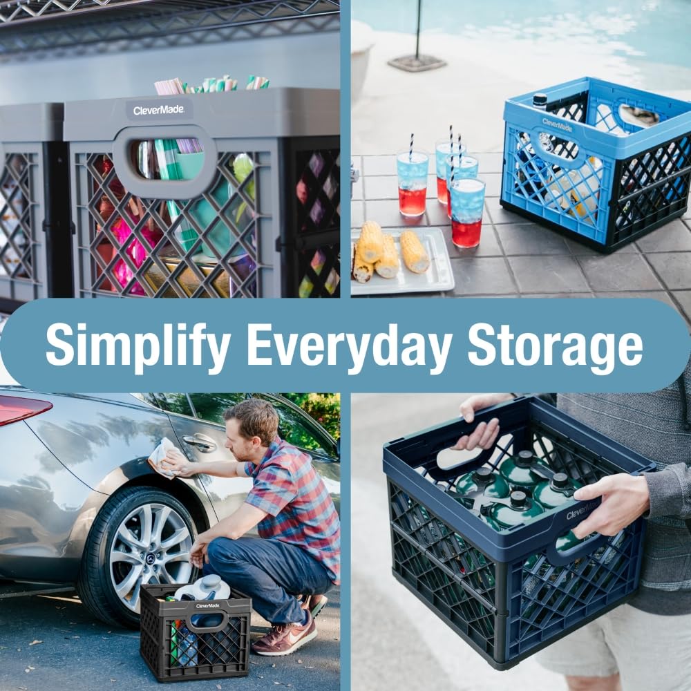 CleverMade Collapsible Milk Crate 25L (6.6 Gal), 50 lb Capacity Heavy Duty Folding Crate – Stackable Storage Crates with File Rails, Plastic Collapsible Crates - Obsidian