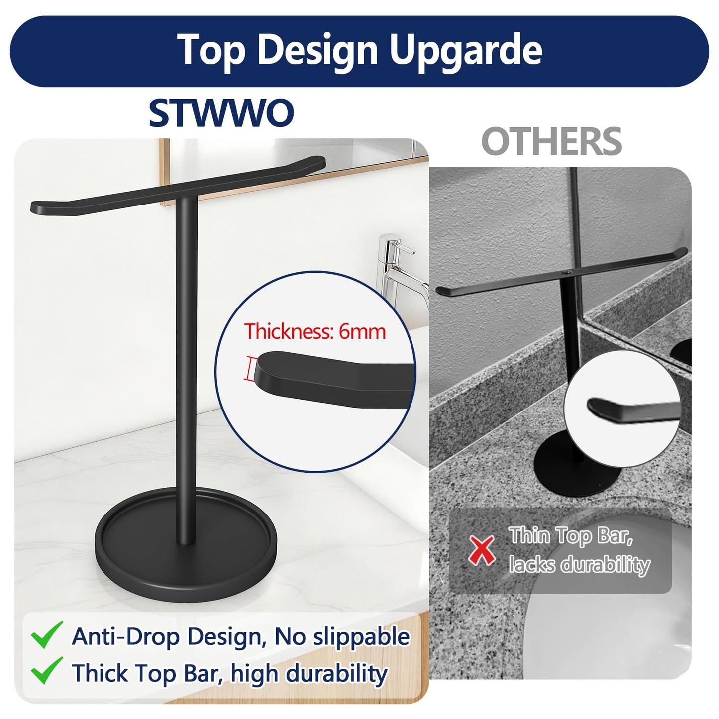 STWWO Hand Towel Holder, Stainless Steel Towel Holder Stand for Bathroom, Kitchen Countertop, T-Shaped Hand Towel Rack Stand, Black
