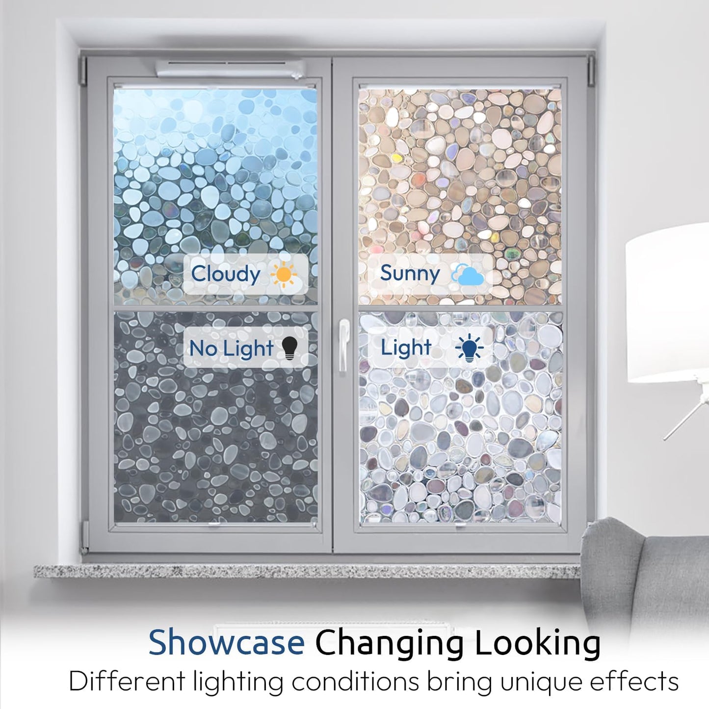 rabbitgoo Window Privacy Film, Decorative Rainbow Window Clings for Glass Covering, Static Cling Non Adhesive Door Stickers UV Blocking, Stained Glass Vinyl Decal, 3D Pebble, 17.5 x 78.7 inches