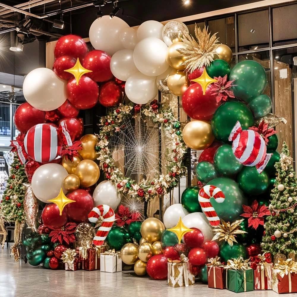 Christmas Red and Green Balloon Garland Arch Kit Pearl White Gold Foil Candy Cane Balloons With Gold 4-Point Star Balloons For Christmas Party Decorations