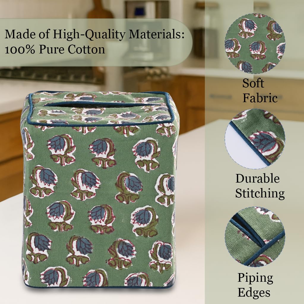 Ridhi Basil Green Block Print Tissue Box Cover Handmade Cotton Fabric Decorative Square Napkin Holder for Home Bedroom Living Room Bathroom Vanity Countertop Car Night Stands Office Kitchen