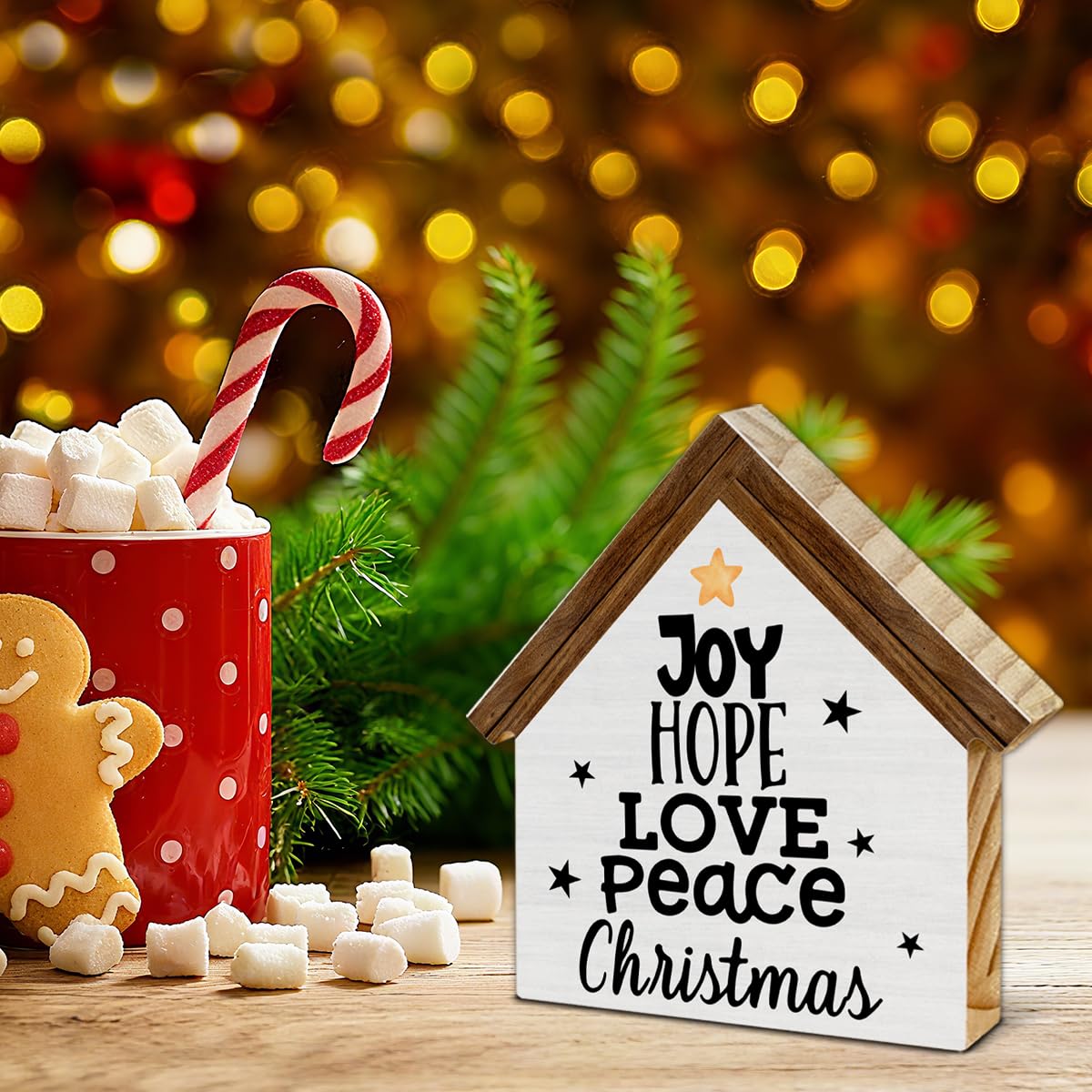 Joy Christmas Sign Decor, Joy Hope Love Peace House Shaped Wooden Sign, Rustic Christmas Decorations for Desk Table Shelf