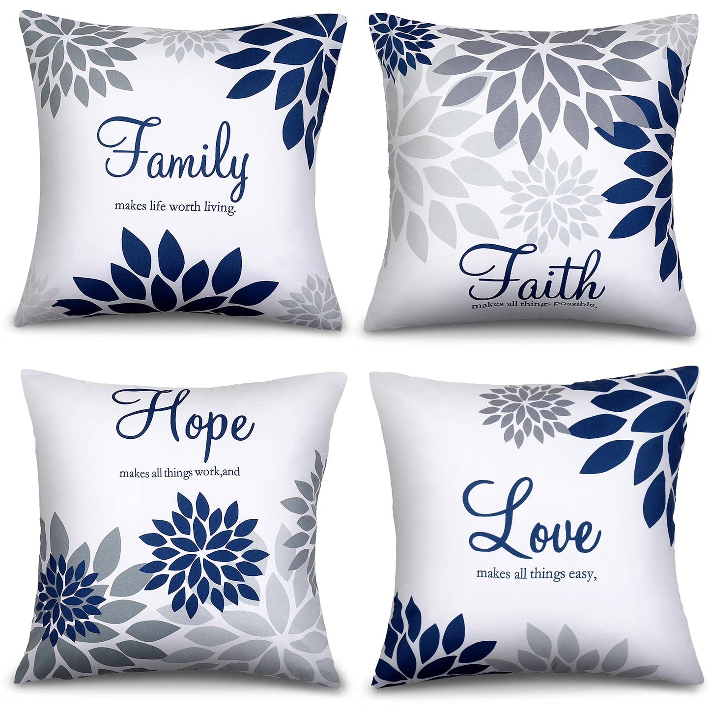 Tatuo 4 Pcs Flower Pillow Covers Square Spring Pillow Cushion Cases 18 x 18 Inch Family Faith Hope Love Words Decorative Summer Winter Cushion Case for Bed Couch Sofa Living Room(Gray Series)