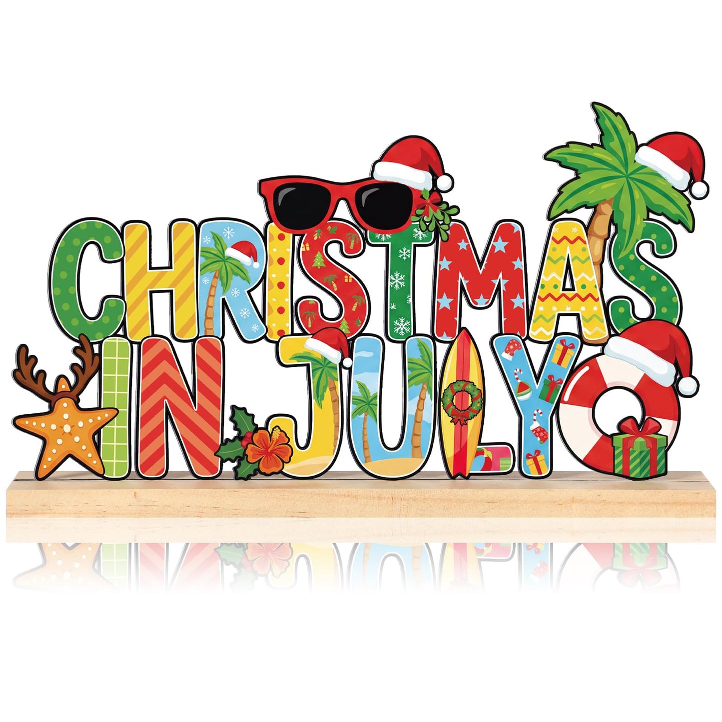 Roowest Metal Christmas in July Sign Tabletop Decor Summer Christmas Table Centerpiece Tropical Tiered Tray Decoration with Wooden Base for Home Office Desk Shelf Mantel Beach Party Gift