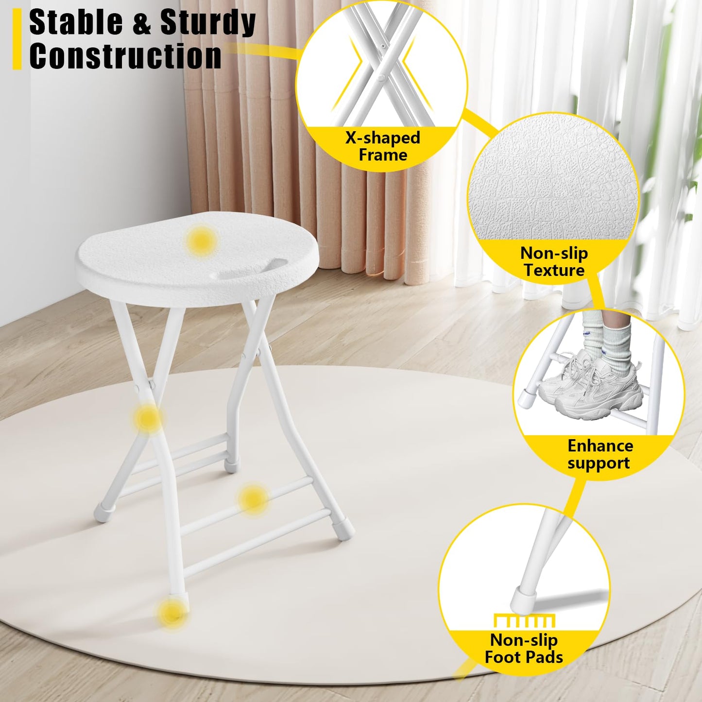 IWDOO Folding Stool, 18 Inch Foldable Stool with Handle & Steel Frame, Folding Bar Stools, 500lbs Sturdy Foldable Lightweight Metal Chair for Camping, Indoor and Outdoor, White