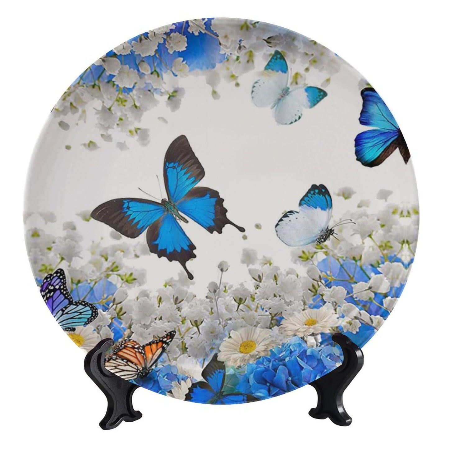Bictucem Decorative Plates, 8 Inch, Flower Butterfly Round Display Plate, Table Top Plate Decor with Stand, for Wall Hanging Living Room Bathroom Decor Gift