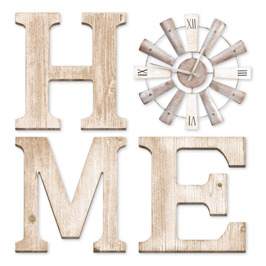 ZAZIWZ Farmhouse Home Signs with Windmill Clock Wall Decor Rustic Home Letters Wall Art for Living Room Kitchen Entryway Dining Room Bedroom (water-white)